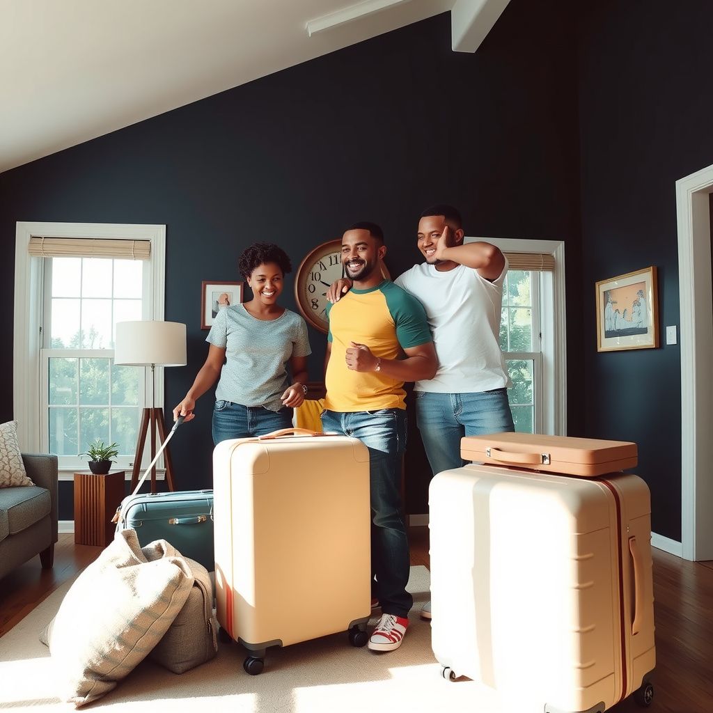 Surreal dream scene, cinematic and atmospheric, digital art: A happy Black family preparing for a trip to Milwaukee, packing bags and organizing travel essentials in a cozy, bright living room.
