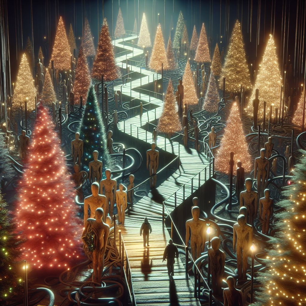 Digital art 4k scene from a movie: Broken Stairway... to a Dream where one must navigate past possible corpses and random Christmas trees blocking the path.