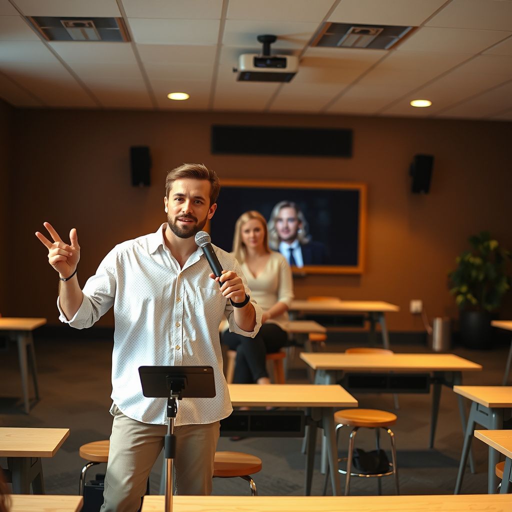 Surreal dream scene, cinematic and atmospheric, digital art: A confident stand-up comedian delivering a humorous routine about Taylor Swift’s engagement to Travis Kelce in a modern classroom with a projector, capturing a lighthearted and casual atmosphere.