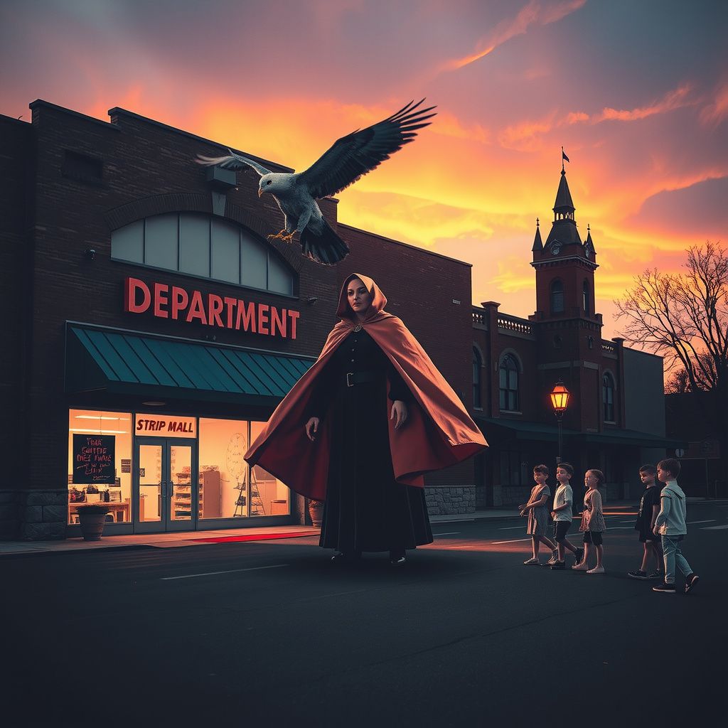 Surreal dream scene, cinematic and atmospheric, digital art: A surreal scene of a haunted historic department store converted into a strip mall, with a mysterious stern-looking woman in a pink cape transforming into a bird then a young boy, leading to a small castle-like school surrounded by children, evoking an eerie, supernatural atmosphere in soft twilight.