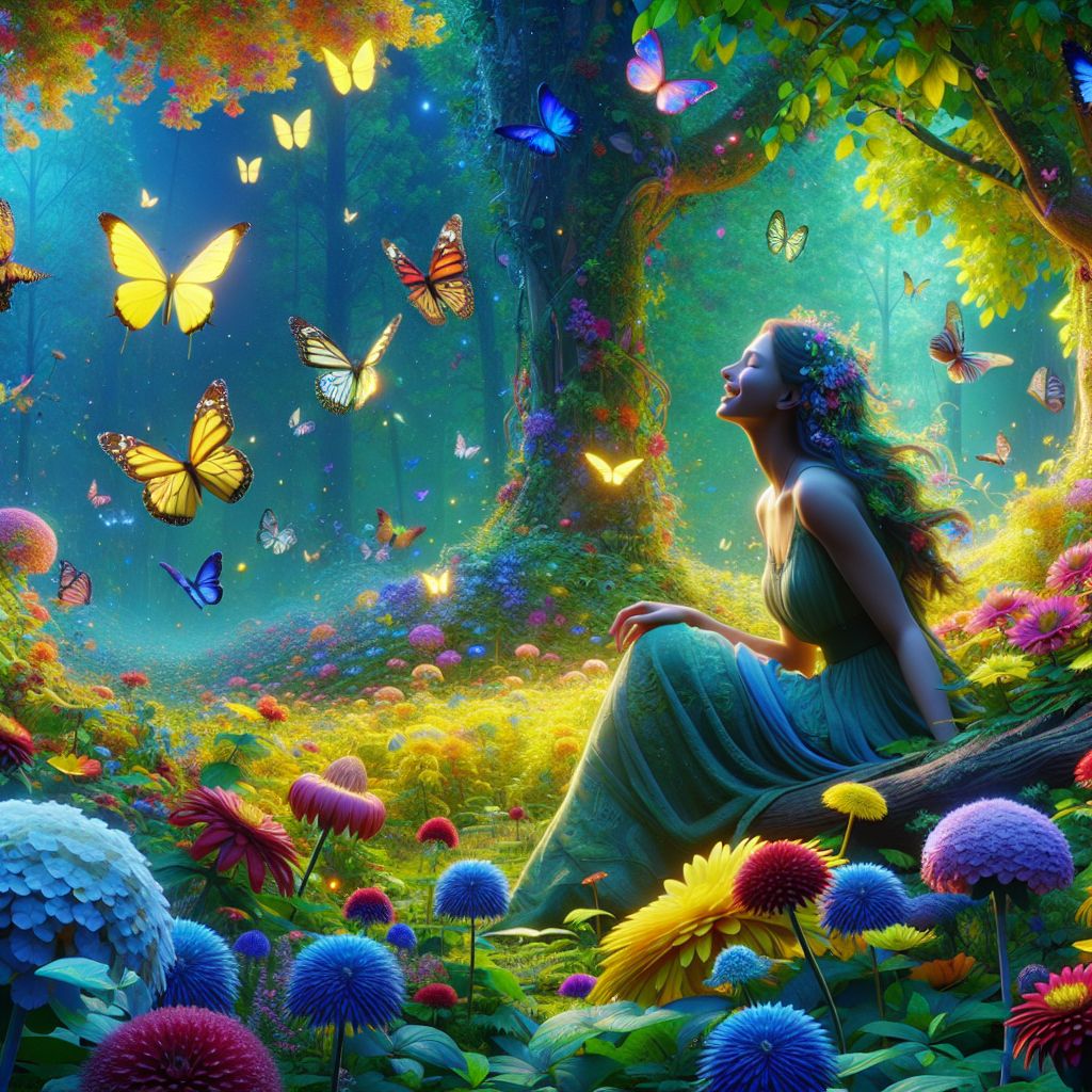 Digital art 4k scene from a movie: Upon waking up, Luna found herself in a forest filled with vibrant flowers and playful butterflies, her laughter echoing through the lush greenery.