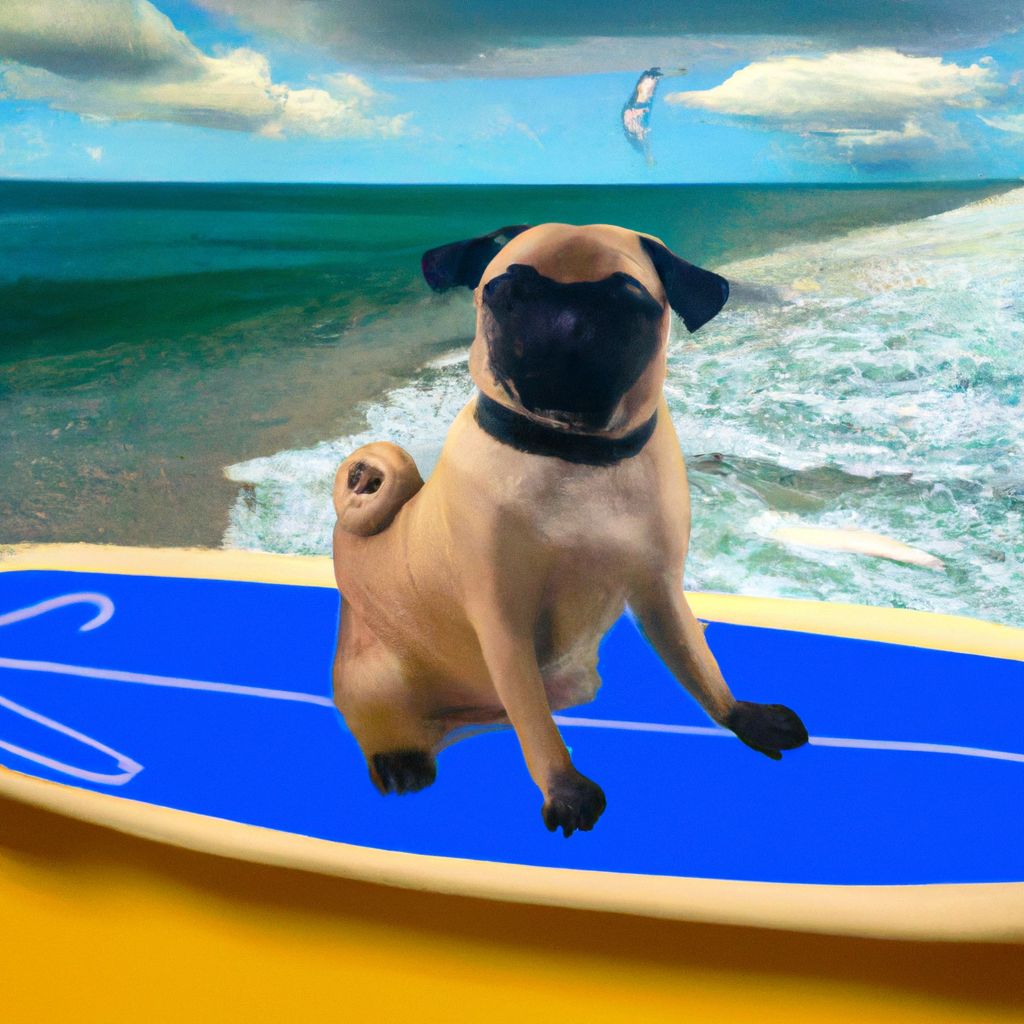 Digital art, Generate an image of a pug sitting on a surfboard with the ocean waves in the background as a nod to Maddie who drove 45 minutes every day to keep the prompt writer company through school.