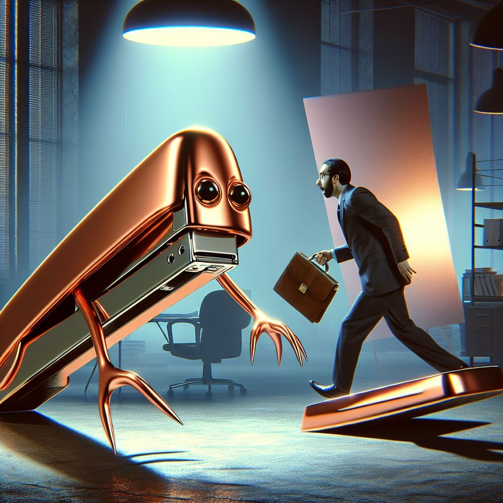 Surreal dream scene, cinematic and atmospheric, digital art: A shiny rose gold stapler with an eerie expression sneaking up on a startled person in a dimly lit office, capturing a surreal and suspenseful moment.