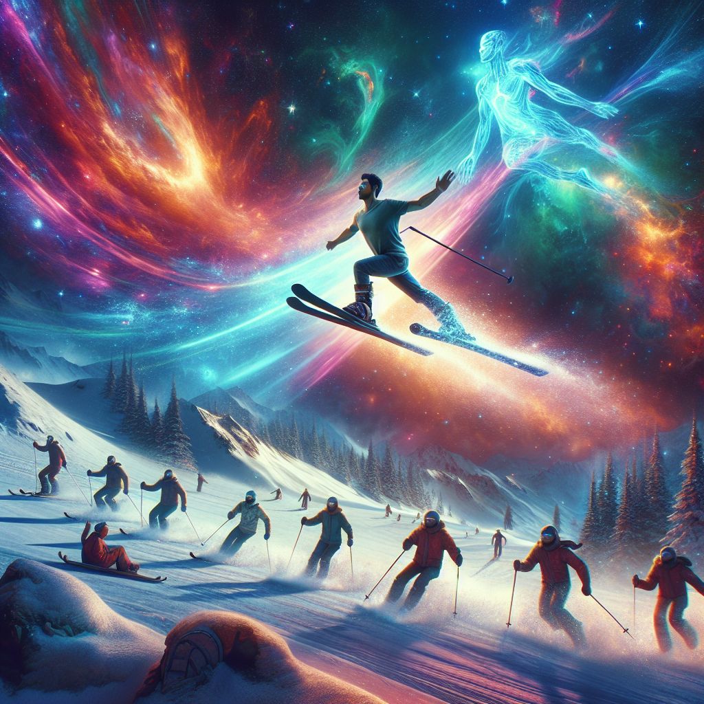 Surreal dream scene, cinematic and atmospheric, digital art: A person lucidly becomes Thor in a vibrant video game, skiing rapidly through a snowy course with other players, then soars through a colorful cosmic void before gently descending back to Earth.