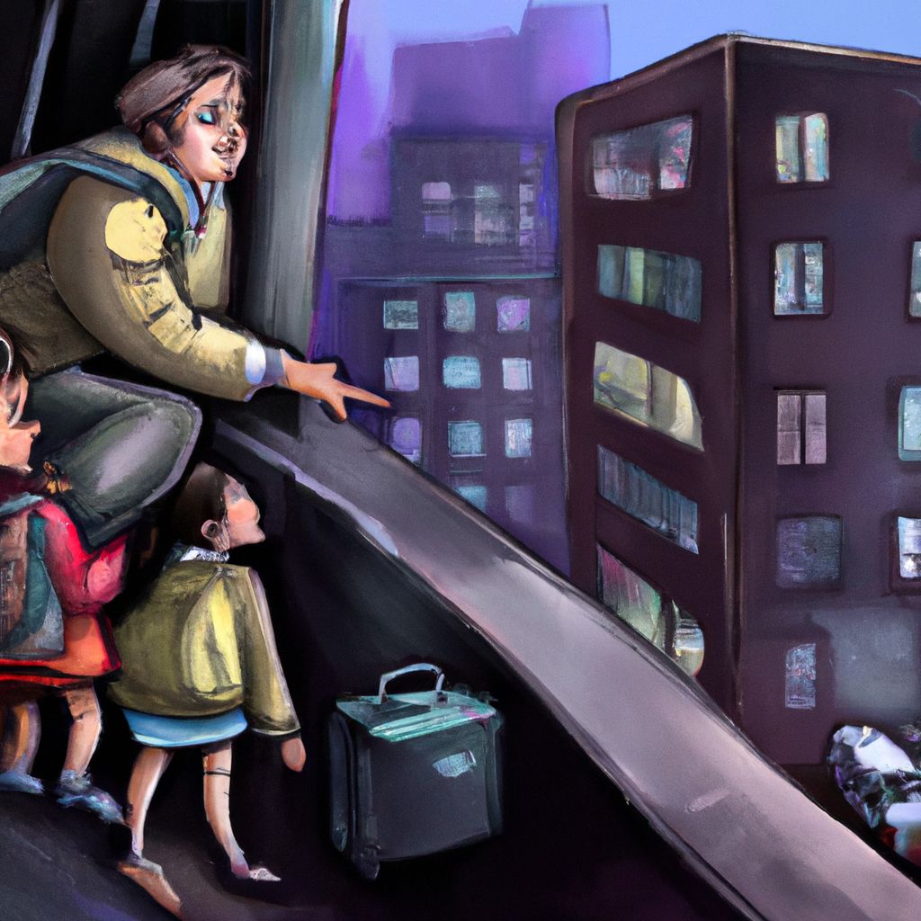 Digital art, An exhausted teacher guides their confused students along a precarious ledge and then receives unexpected assistance from a mother, leading to an adventurous escape through a police department.