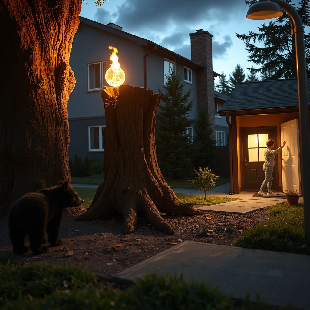 Surreal dream scene, cinematic and atmospheric, digital art: A surreal neighborhood scene at dusk where mysterious balls of fire glow atop an old tree stump, a curious baby bear rests calmly in a front yard while its cautious mother approaches from the woods, and a person struggles to unlock their front door amid subtle signs of physical distress, conveying a dreamlike blend of tension and quiet wonder.