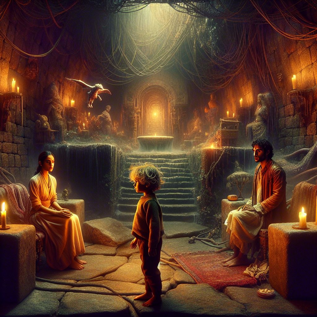 Surreal dream scene, cinematic and atmospheric, digital art: A tense scene of a determined young woman stealthily confronting a thin, disheveled woman with stringy light brown hair in a dimly lit underground cavern decorated with dirt walls, vines, flickering candles, and a broken stone fountain, while a small blonde-haired toddler watches nearby and a kind man stands supportively in the background.