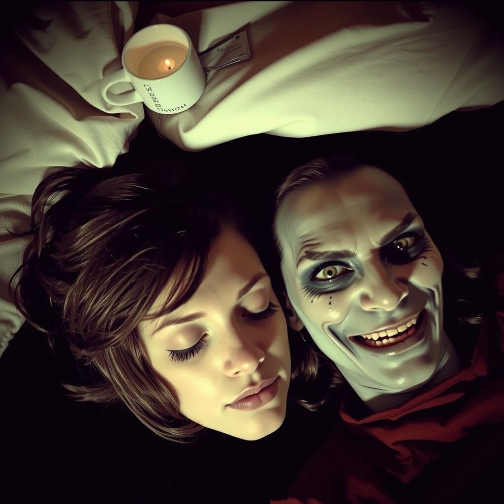 Surreal dream scene, cinematic and atmospheric, digital art: A surreal dream scene showing a person lying next to their sister who appears peaceful at first but then her eyes turn completely white, her face shifts to a pale grey with a wide unsettling grin, embodying a haunting and eerie atmosphere without any explicit or violent details.