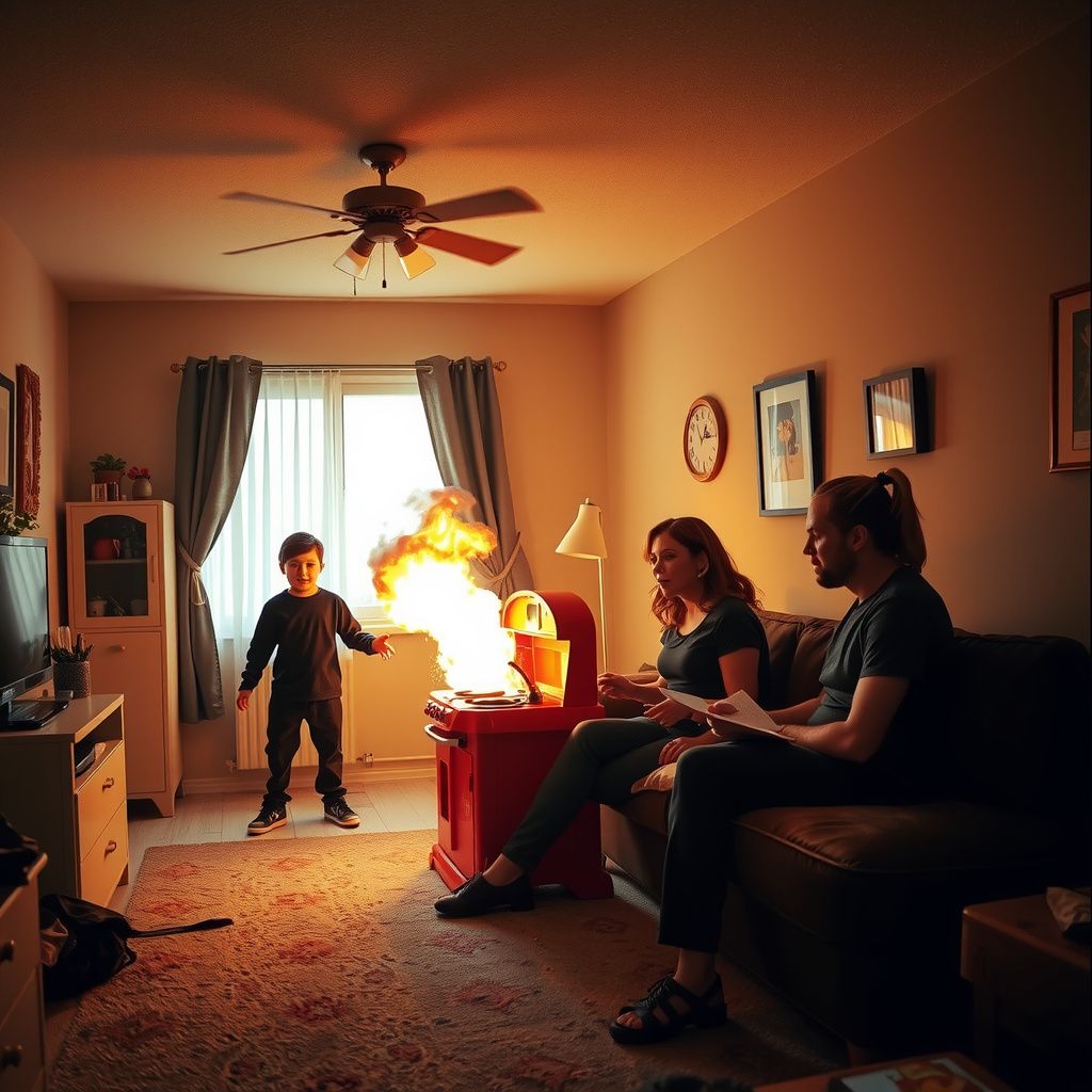 Surreal dream scene, cinematic and atmospheric, digital art: A chaotic living room scene where a small fire is spreading from a vent in the corner near a children's play kitchen, while a group of friends react with concern and one person urgently calls out for a fire blanket.