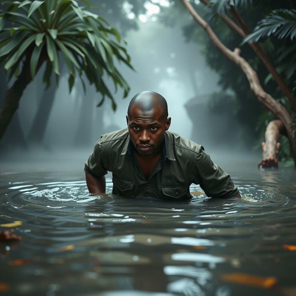 Surreal dream scene, cinematic and atmospheric, digital art: A black bald-headed man cautiously treading through murky swamp water, surrounded by dense greenery and mist, with a look of determination and alertness.
