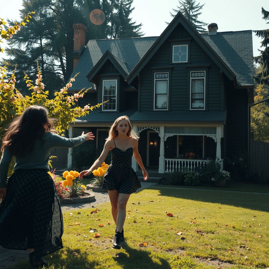 Surreal dream scene, cinematic and atmospheric, digital art: A tense, emotional chase between two young women through a sunlit, vibrant garden and a cozy, flower-filled grandmother’s house with warm wooden interiors and a mysterious basement, capturing a moment of confrontation and unresolved feelings.