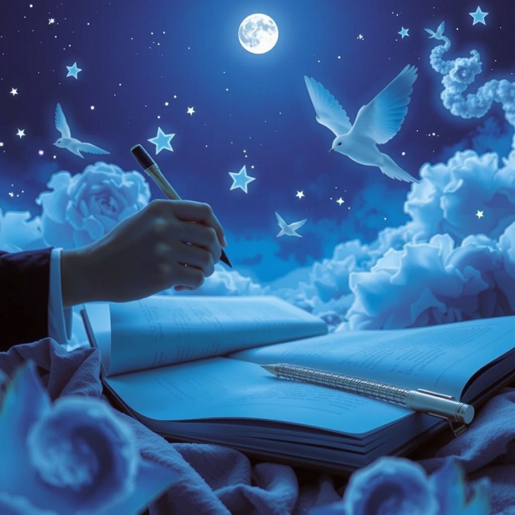 Surreal dream scene, cinematic and atmospheric, digital art: A peaceful scene of a person gently writing down their dreams in a journal under soft moonlight, surrounded by floating, translucent dreamlike images and stars.