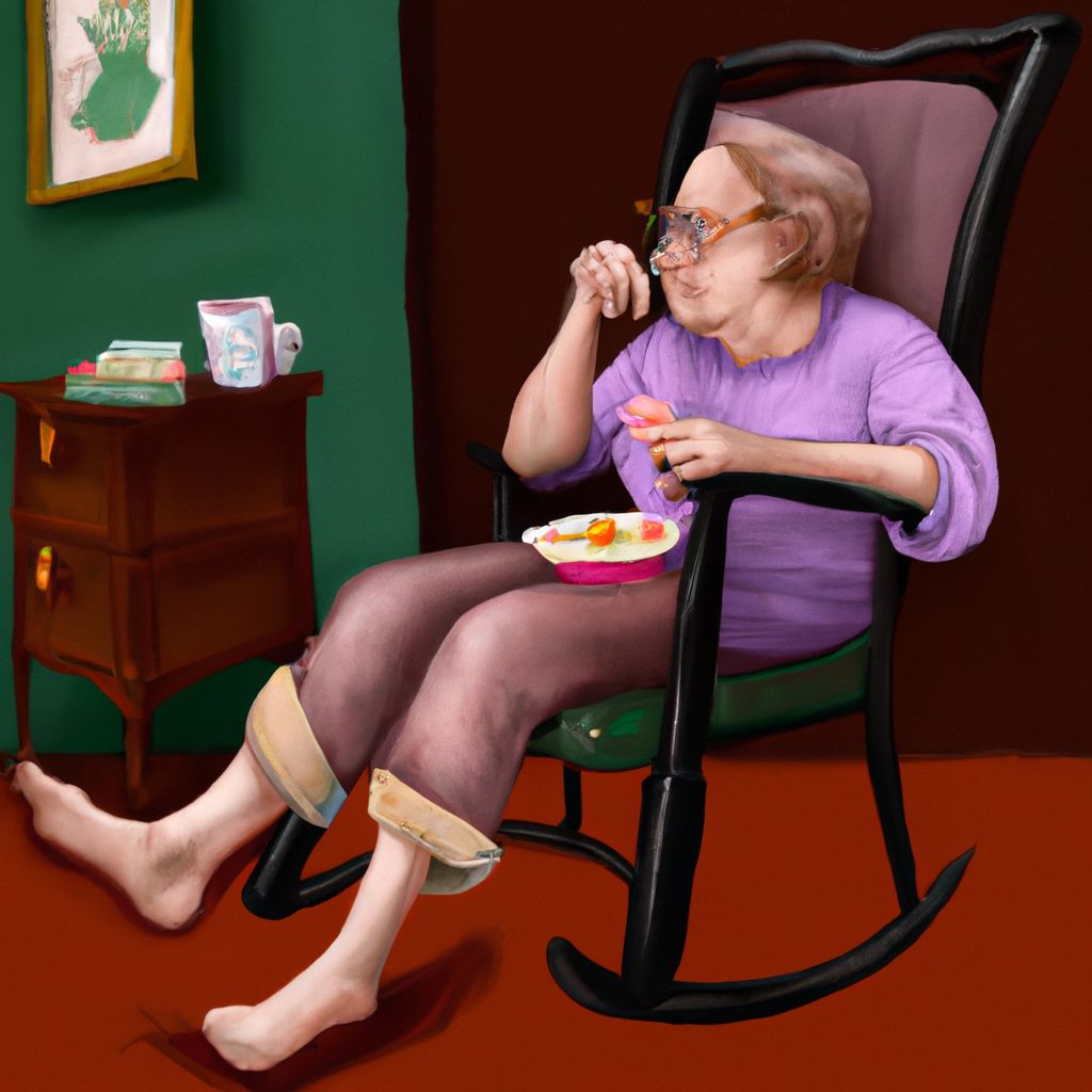 Digital art, She was an elderly woman, peacefully eating a pair of pants while rocking in her chair, the crunch of her meal echoing through the room.