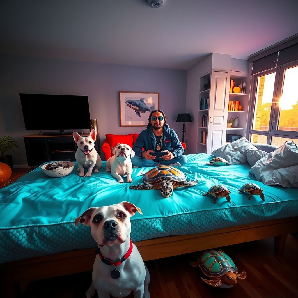 Surreal dream scene, cinematic and atmospheric, digital art: A surreal scene featuring a large fish tank bed with one big turtle and four little turtles inside, two white dogs with black spots nearby, and a celebrity rapper playing video games with two friends in a cozy living room.