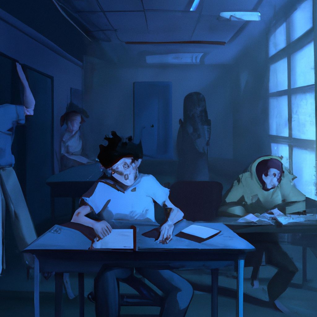 Digital art, A student finds themselves trapped in a classroom with a menacing figure, brandishing knives, while their friends and classmates fall victim one by one; determined to escape, they make a chilling decision to confront the killer and end it all, hoping that death will bring them back to reality.