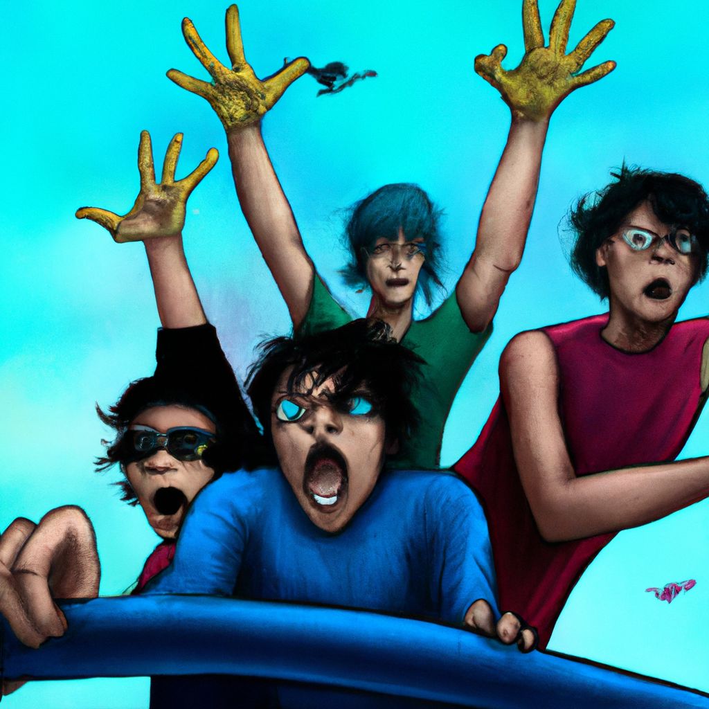 Digital art, A group of friends from a subculture marvel at their ability to fly in the sky, confidently soaring and maneuvering through the air, until one of them abruptly plummets downward with a terrified scream, their descent captivating yet disturbing to onlookers.