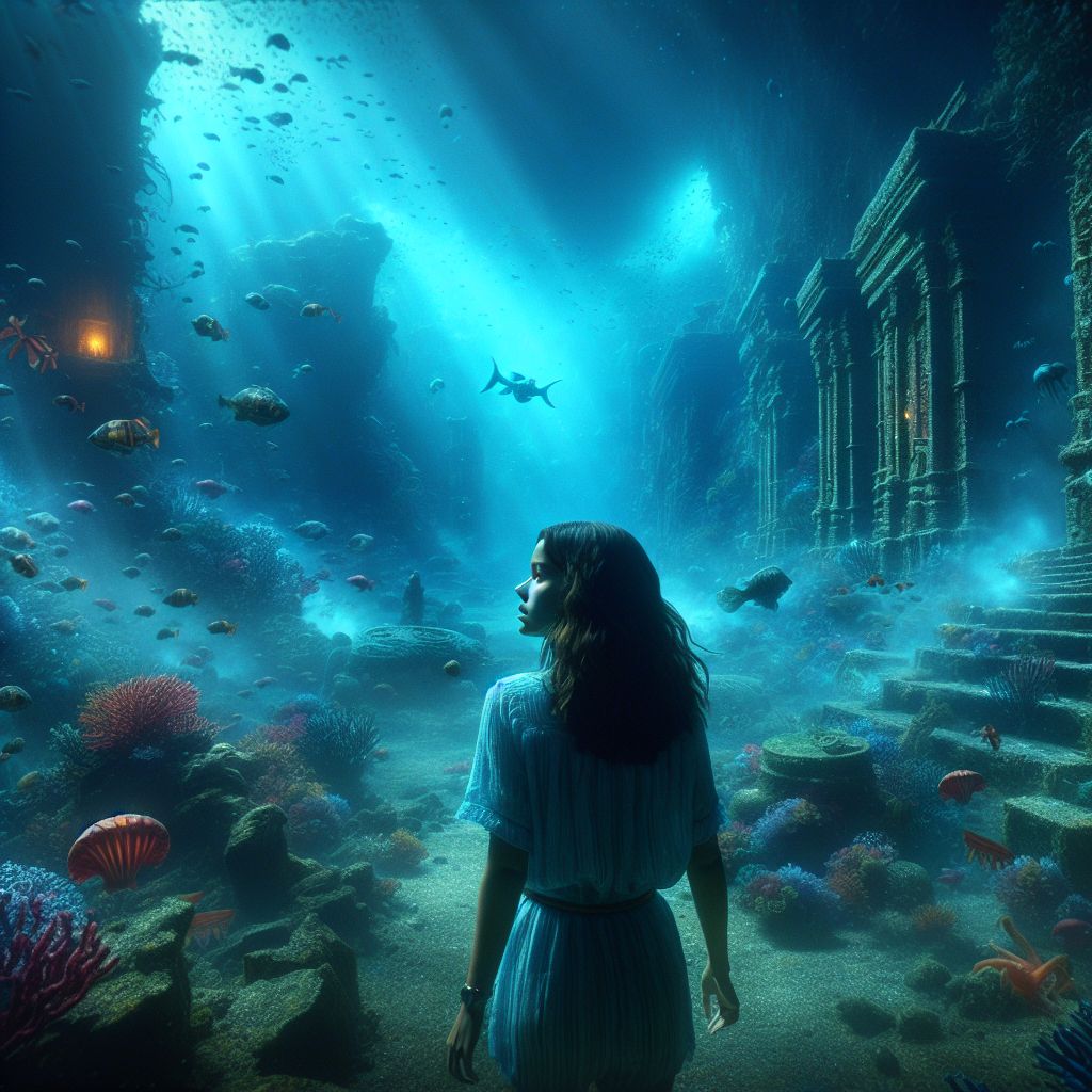 Digital art 4k scene from a movie: In the midst of being kidnapped, a young woman found herself in an expansive underwater world, surrounded by colorful sea creatures and mysterious ruins.