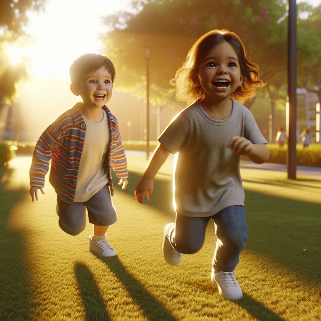 Digital art 4k scene from a movie: Two young children playing in a sunlit park, laughing and chasing each other with wide smiles on their faces.