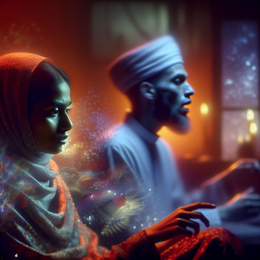 Surreal dream scene, cinematic and atmospheric, digital art: A woman lying awake in bed with a look of deep concern, turning toward a figure beside her who appears pale and distressed, set in a softly lit bedroom conveying a tense and emotional moment.