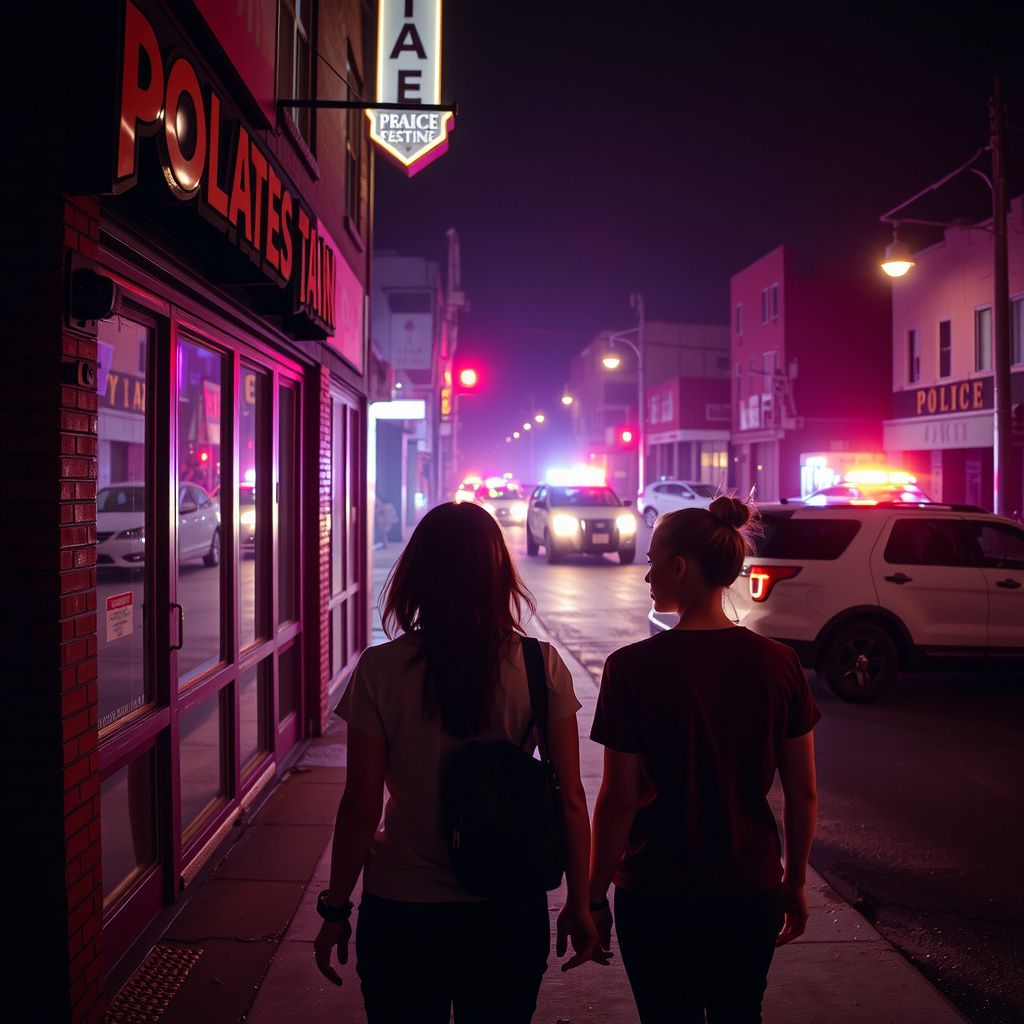 Surreal dream scene, cinematic and atmospheric, digital art: A woman with her girlfriend waits anxiously outside a lively party at night as police and emergency responders arrive nearby, with a tense and dramatic urban atmosphere captured in a cinematic style.
