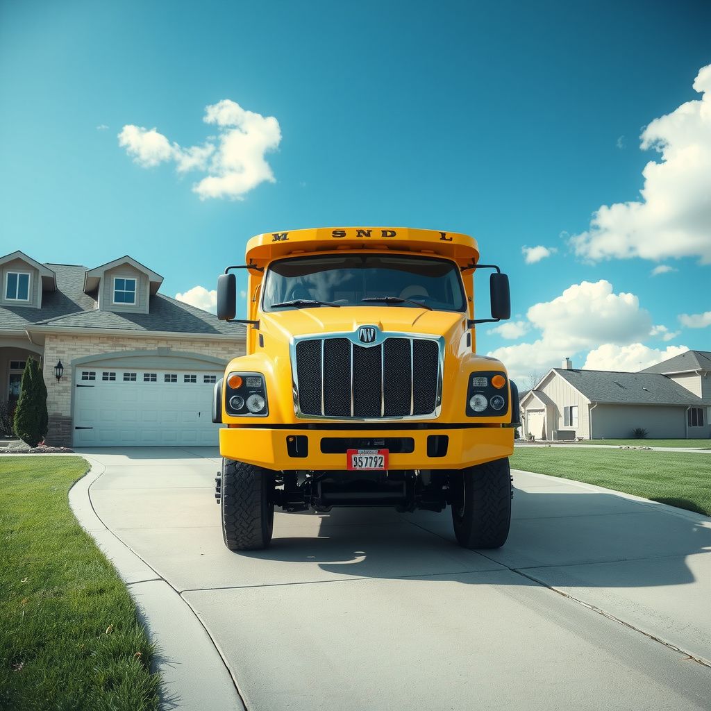 Surreal dream scene, cinematic and atmospheric, digital art: A detailed illustration of a bright yellow Sand King XL truck driving smoothly up and down a suburban driveway beside a cozy house under a clear blue sky.
