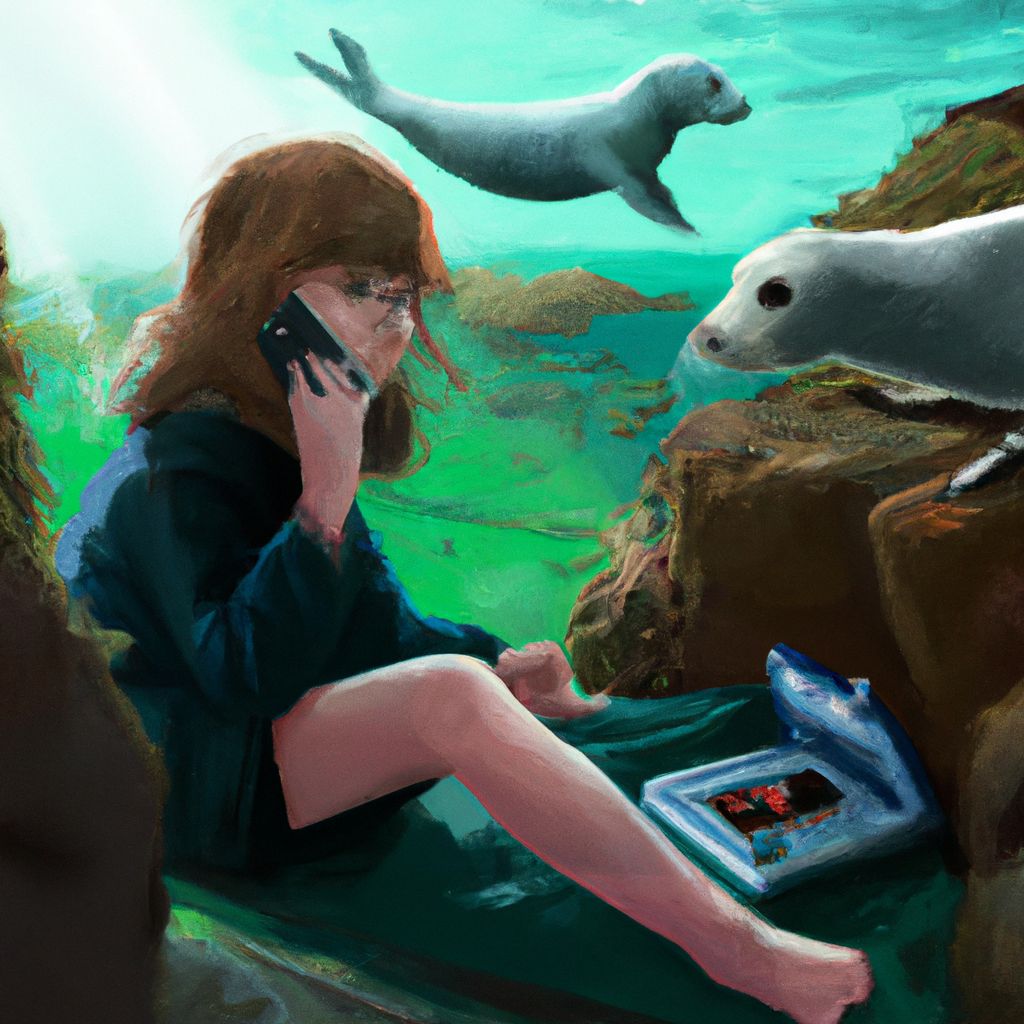Digital art, After swimming with seals and experiencing an engaging oceanic classroom with their beloved teacher Connie, a student eagerly anticipates the chance to retrieve their forgotten phone and continue learning firsthand in the ocean.