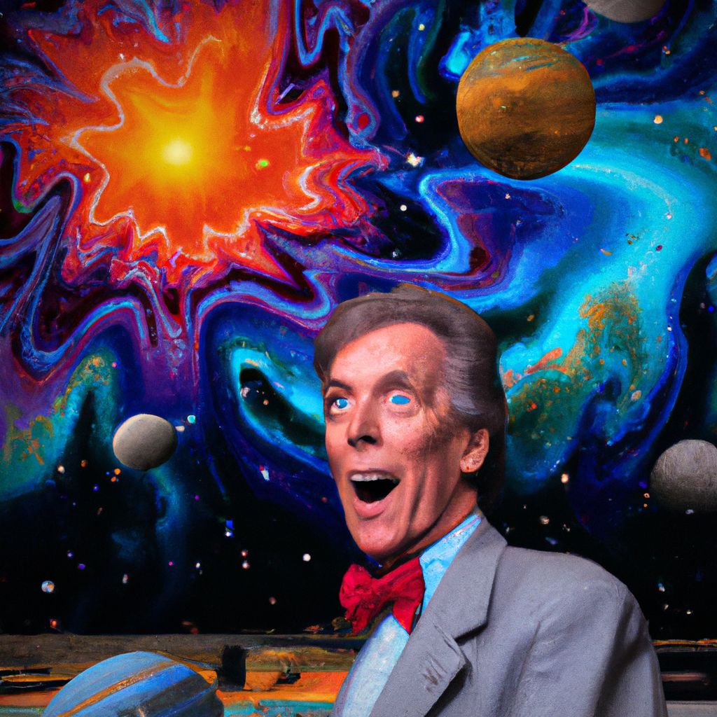 Digital art, I'm watching Bill Nye perform an intergalactic symphony, with planets exploding in time with the music!