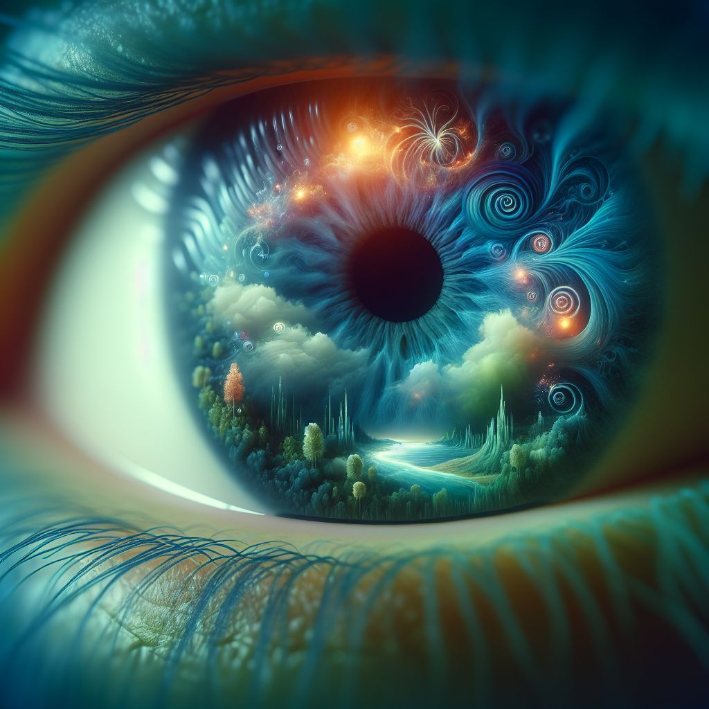 Surreal dream scene, cinematic and atmospheric, digital art: A close-up of a blue-green eye with intricate, miniature landscapes and delicate symbols embedded within the iris, glowing softly under gentle light.
