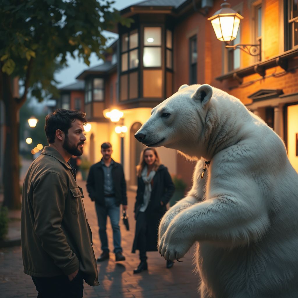 Surreal dream scene, cinematic and atmospheric, digital art: A tense urban street scene where a nervous Italian man leads two others toward a house, while one of the others stands face-to-face, nose to nose, with a large gentle polar bear under soft glowing light, evoking a surreal, warm, and magical atmosphere with vibrant, flowing musical energy visible around them.