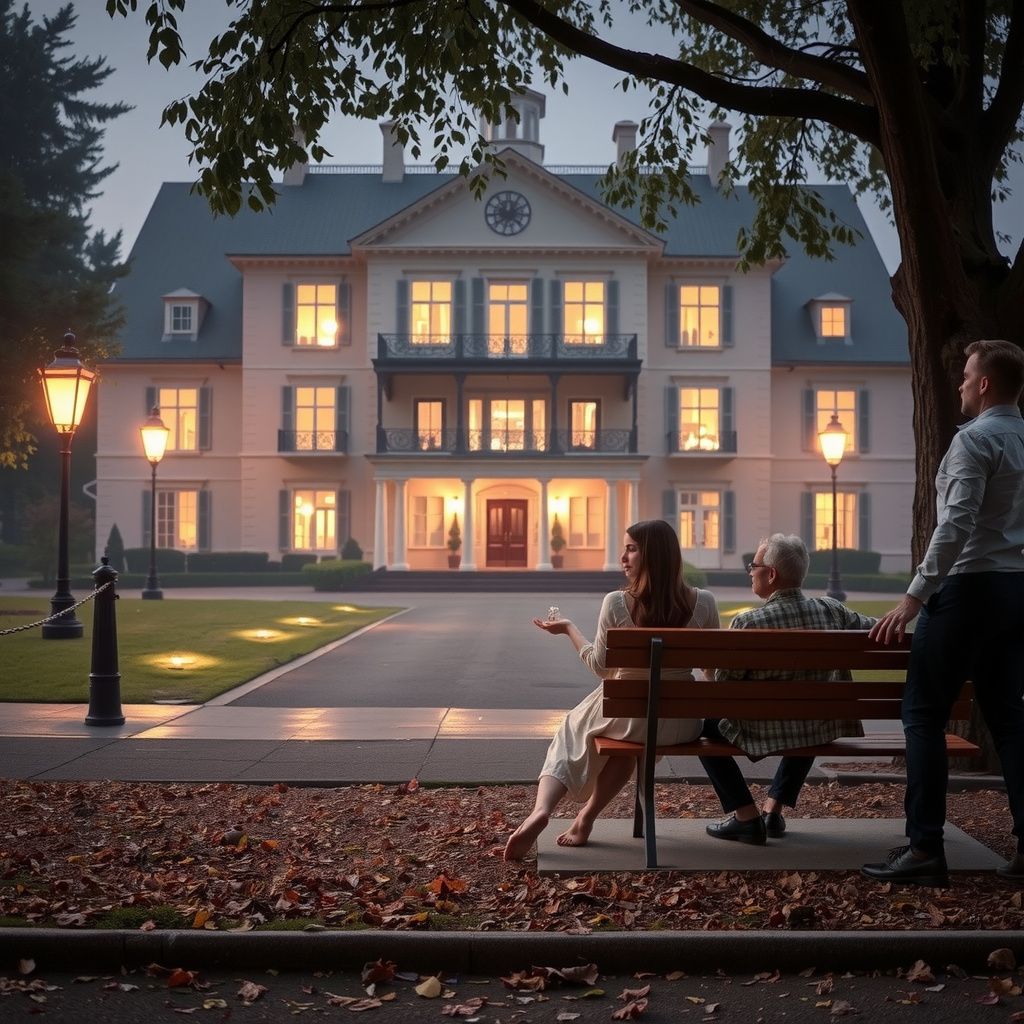 Surreal dream scene, cinematic and atmospheric, digital art: A surreal scene of a young woman sitting alone on a park bench outside a grand, eerie hotel resembling a mysterious manor, with a drunk man nervously holding out a diamond ring nearby while comforting family members join her in a quiet, emotional moment under soft evening light.