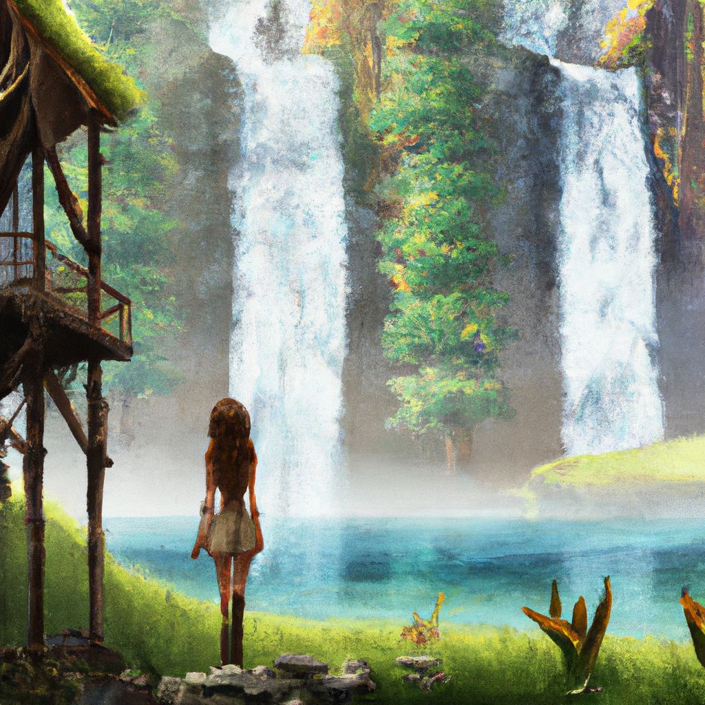 Digital art, As Liv and her friends approach the cabin on stilts overlooking the breathtaking waterfall and serene lake, she can't help but feel a sense of peace and awe at the majestic beauty that surrounds her.