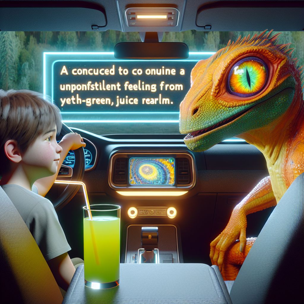 Digital art 4k scene from a movie: The young child sat in the car with Tai from Digimon, waiting for their nauseous reflex to kick in after their mother had tricked them into drinking emetic from a yellow-green juice glass.