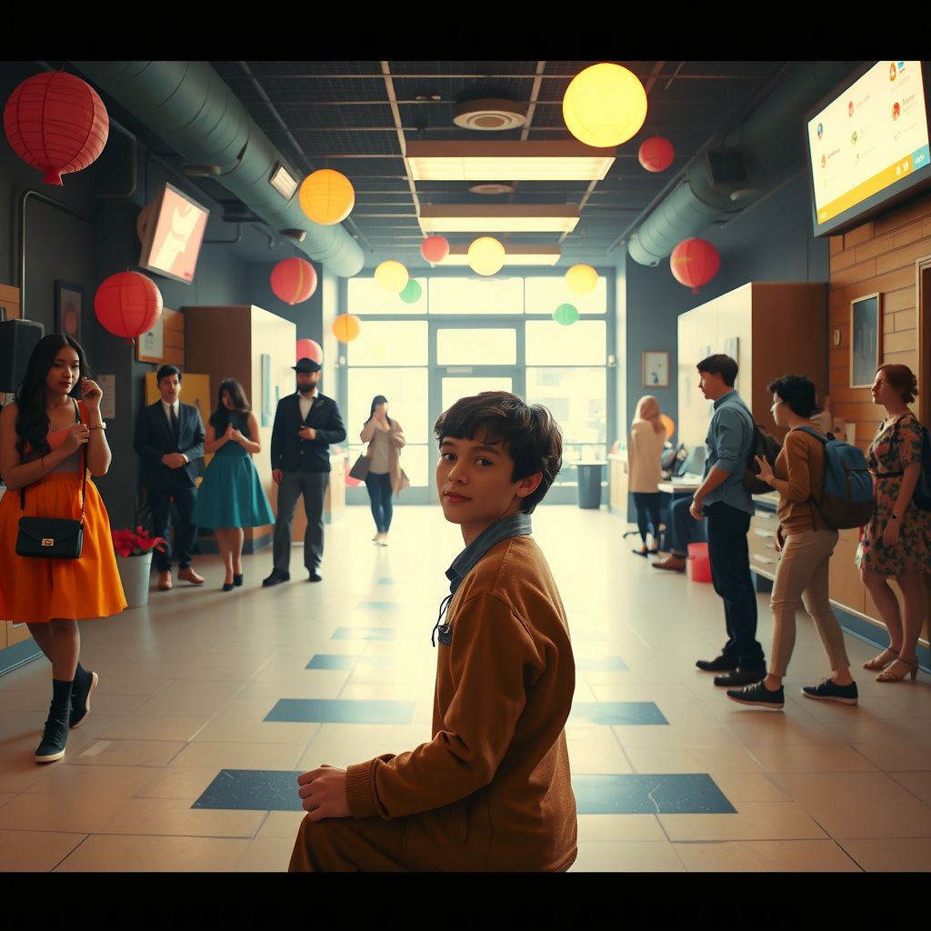 Surreal dream scene, cinematic and atmospheric, digital art: A young man searches through a whimsical college campus filled with diverse students and colorful costumes, looking hopeful and a bit lost as he tries to find a mysterious girl with a calm smile and deep voice amid a lively karaoke circle.