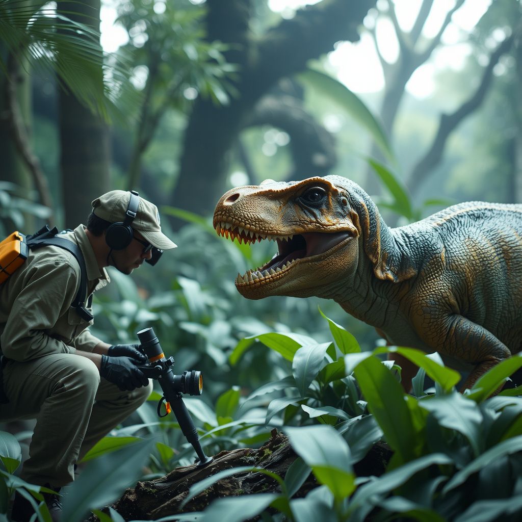 Surreal dream scene, cinematic and atmospheric, digital art: A dinosaur hunter carefully collects DNA samples from a gentle dinosaur in a lush prehistoric jungle, with advanced scientific equipment and a sense of wonder.