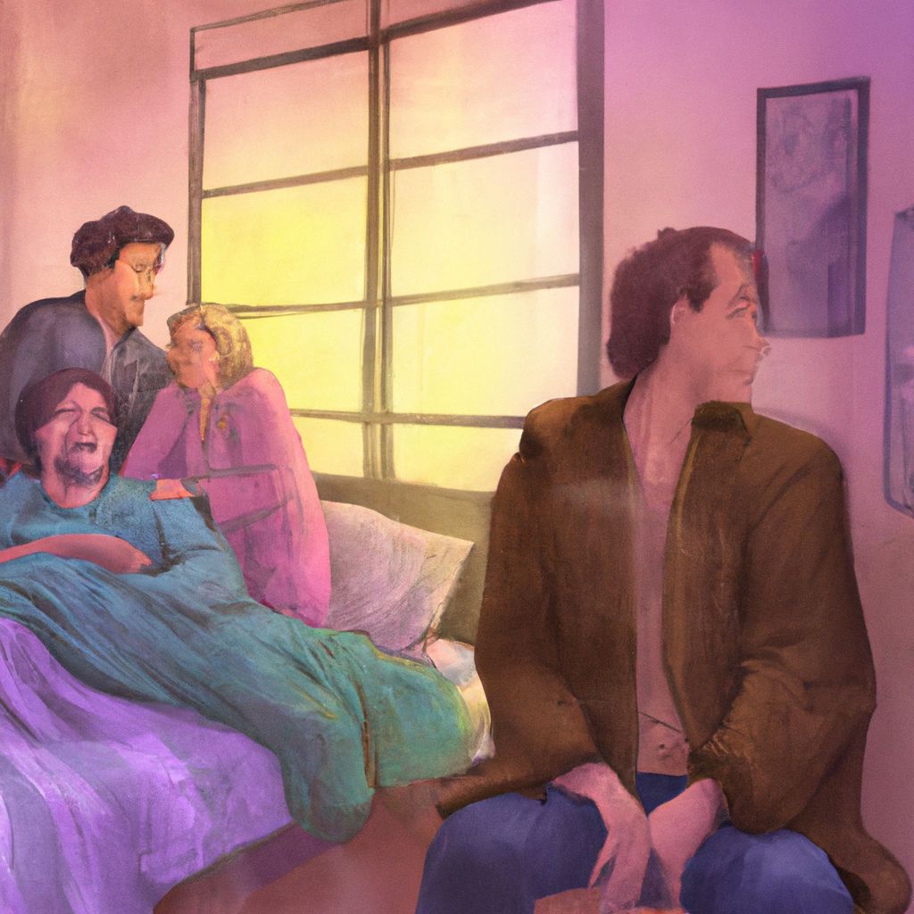 Digital art, In a lucid dream, a person finds themselves caught having an intimate moment with their friend Ken in a bedroom shared with their family, causing intense embarrassment and an argument with their disapproving parents and grandparents.