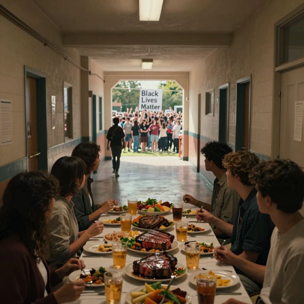 Surreal dream scene, cinematic and atmospheric, digital art: A person navigating a confusing school hallway with looping corridors and dead ends, eventually finding a bright, sunny outdoor path leading to a large, peaceful crowd chanting 'Black Lives Matter,' followed by a warm dinner scene where guests eagerly anticipate a table filled with juicy, perfectly cooked steaks.
