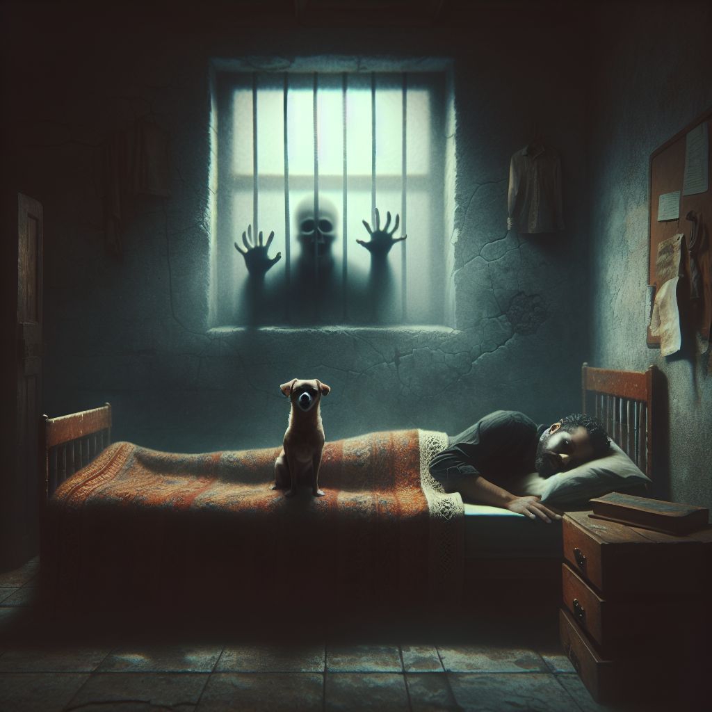 Surreal dream scene, cinematic and atmospheric, digital art: A person lying on a bed in a dimly lit, eerie basement, held down by an unseen presence, with a look of fear and determination on their face, as they lift a small dog onto the bed beside them.