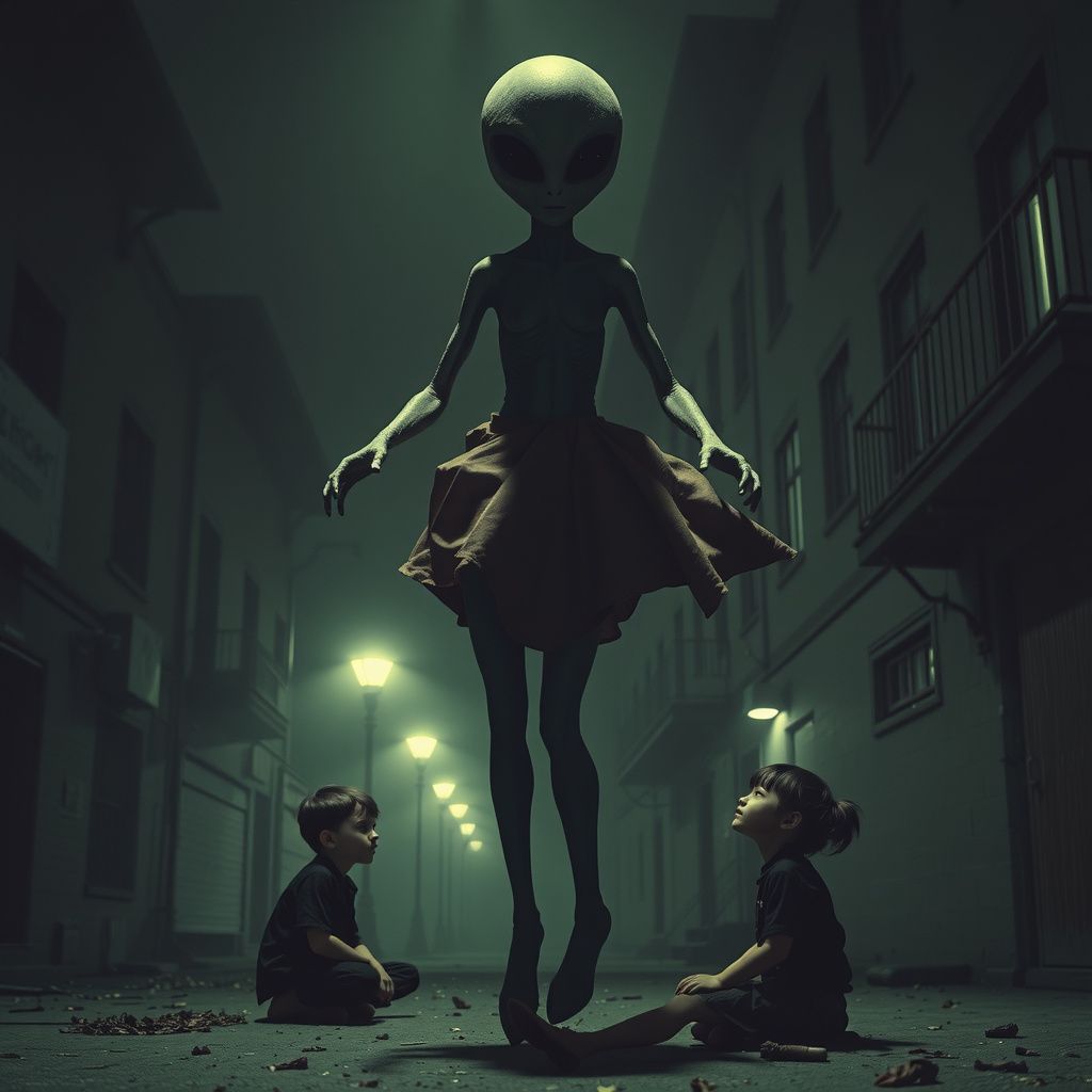 Surreal dream scene, cinematic and atmospheric, digital art: A tense scene where two siblings realize their companions are aliens about to perform a terrifying body-snatching ritual, with one alien levitating a victim and rotating them rapidly in a dark, eerie urban setting.