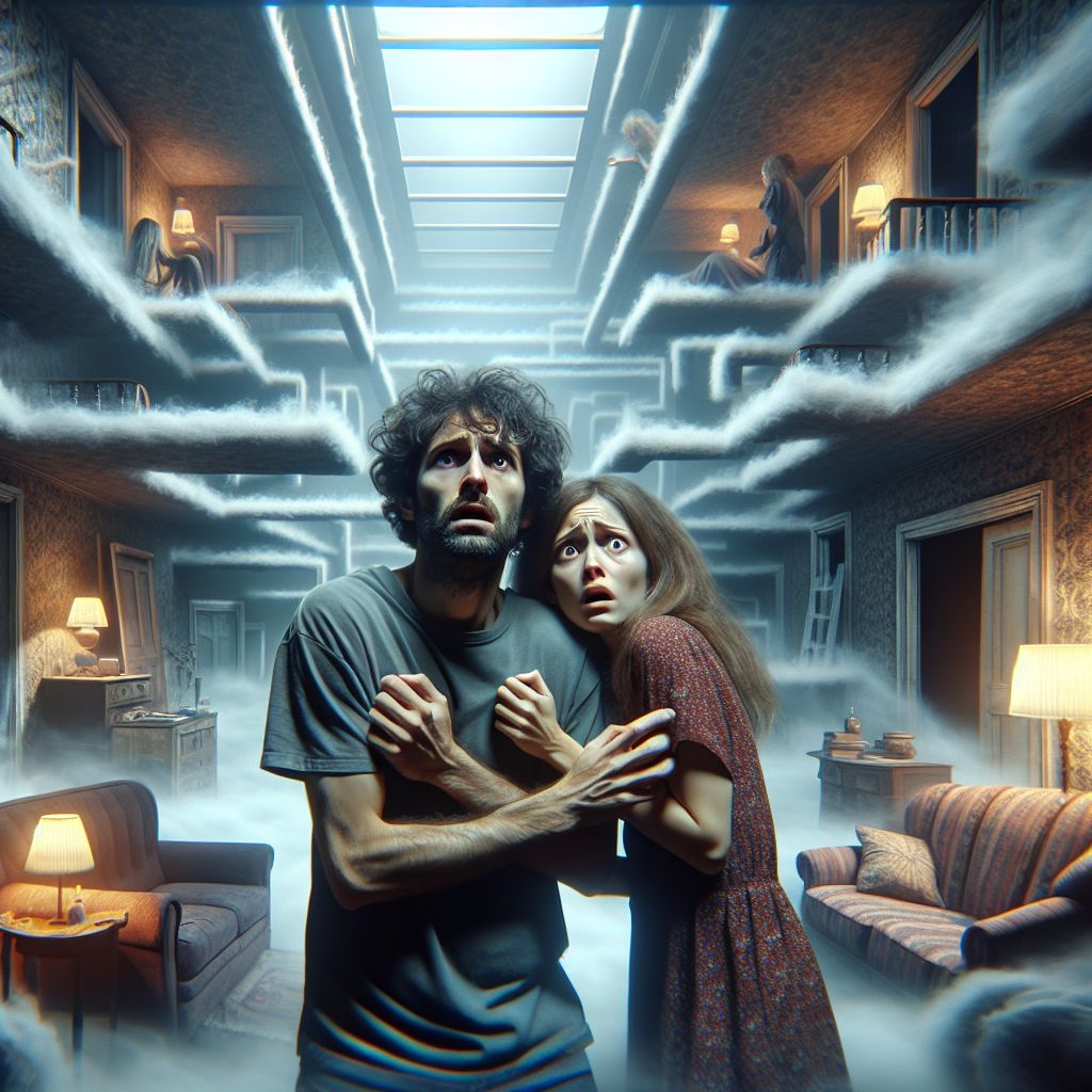 Digital art 4k scene from a movie: Suddenly finding themselves lost in their own home, they stood in confusion as rooms seemed to shift and rearrange around them, making it impossible to find their way out.