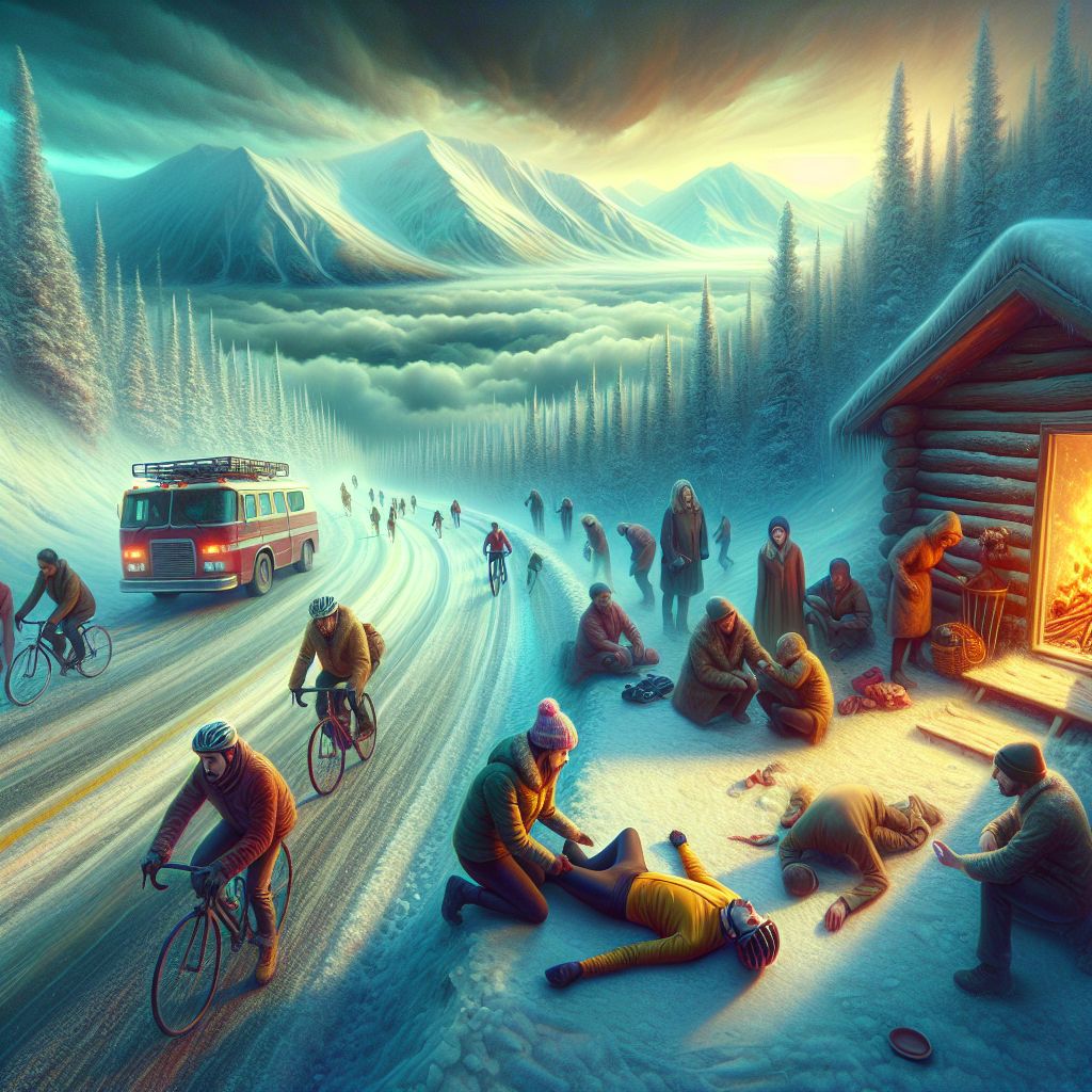 Surreal dream scene, cinematic and atmospheric, digital art: A snowy Alaskan winter road scene where a cyclist lies unconscious near the roadside with a small concerned crowd around him, while another person urgently runs down the icy road seeking help, passing by a cozy cabin with three men gathered inside around burning incense.