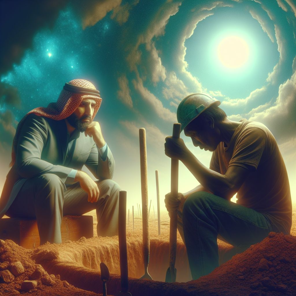 Surreal dream scene, cinematic and atmospheric, digital art: A man at work looks frustrated while observing another man unsuccessfully digging shallow holes in a sunny outdoor construction site.