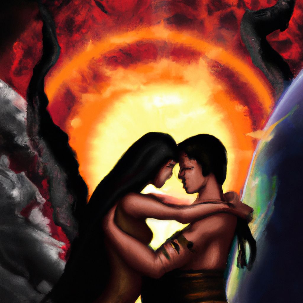 Digital art, Two teenagers find solace and passion in each other's arms amidst the chaos of the world ending, cherishing their love before everything fades away.