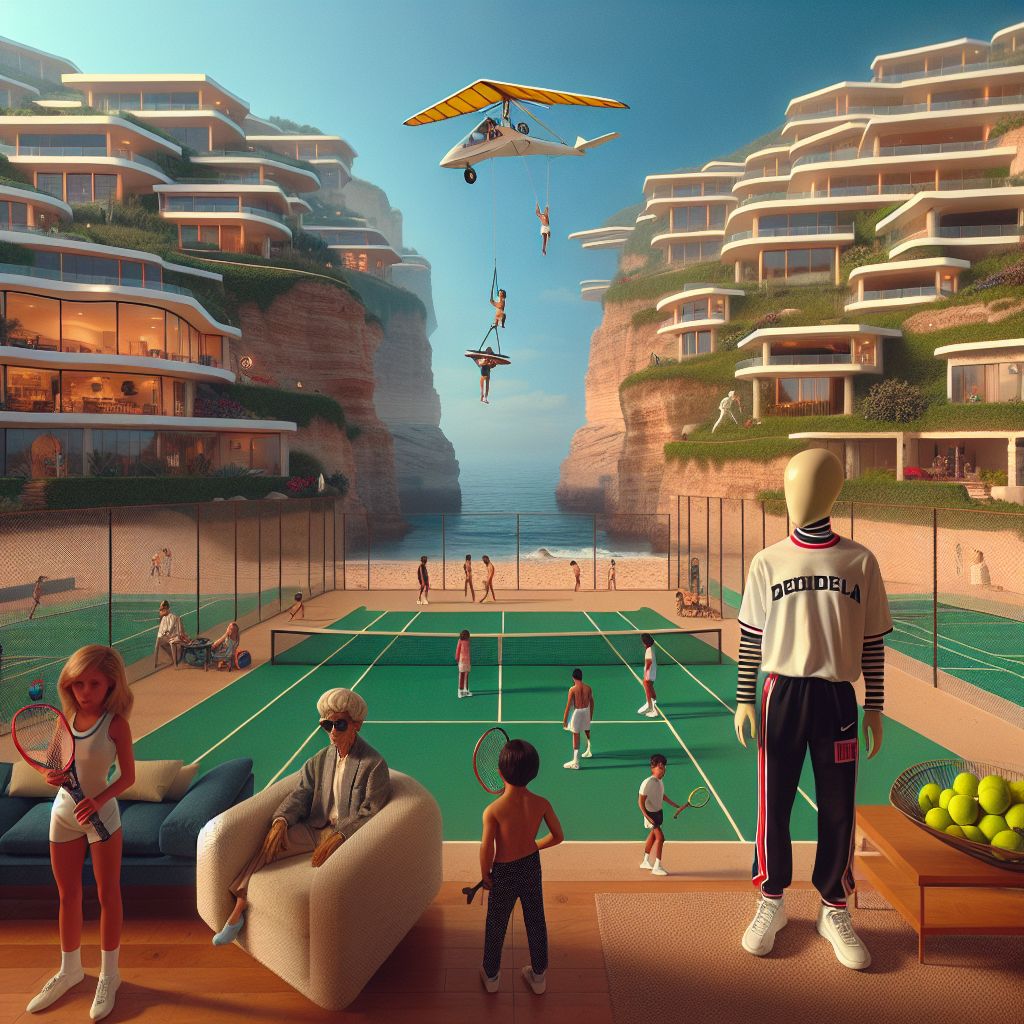 Surreal dream scene, cinematic and atmospheric, digital art: A vibrant futuristic sports camp in a scenic Mexican beach town with modern cliffside mansions blending into the landscape, featuring young athletes playing tennis and flying mini hang gliders low over green fields, while diverse groups of people socialize warmly in a stylish lobby filled with playful, whimsical details like a headless doll wearing casual clothes.