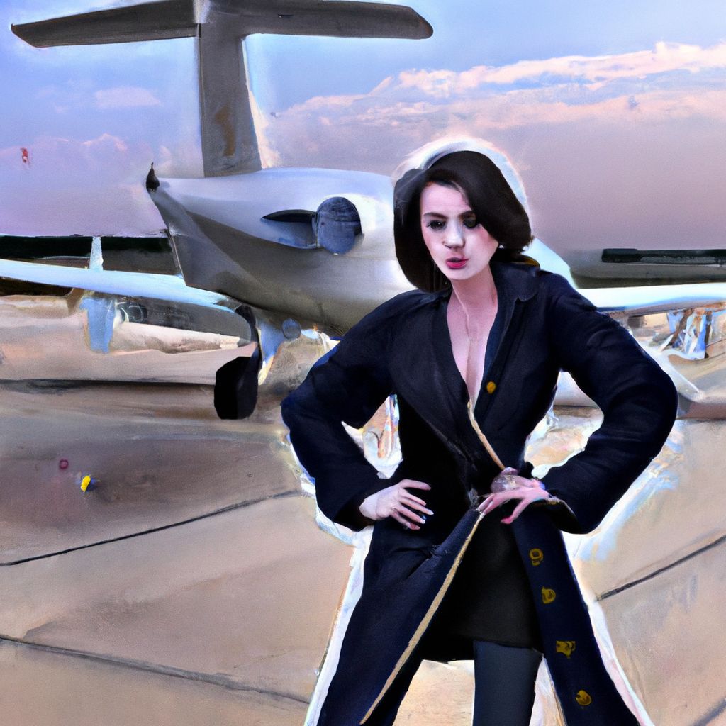 Digital art, Heartless Emily stands arrogantly beside a grounded airplane on the Dallas tarmac, hiding a mischievous smile as chaos unfolds when shots are fired, revealing her cruel prank that disrupted the failed flight to Australia.