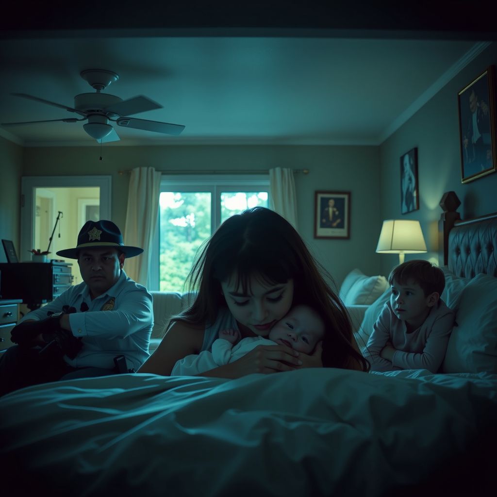 Surreal dream scene, cinematic and atmospheric, digital art: A concerned family hides quietly under a bed in a cozy vacation home, with a mother cradling her light-skinned baby girl, as police officers restore calm outside after a tense moment.