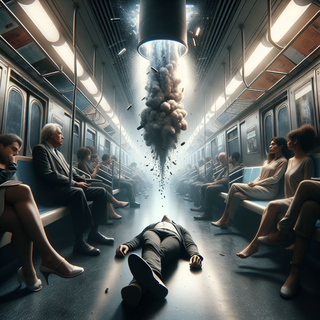 Surreal dream scene, cinematic and atmospheric, digital art: A surreal scene inside a crowded New York City train where a harmless-looking bullet ricochets near the ceiling, releasing water like a broken water tank, while a calm passenger sleeps undisturbed and another person subtly feels pressure beneath their left big toe, blending dreamlike tension and tranquility.