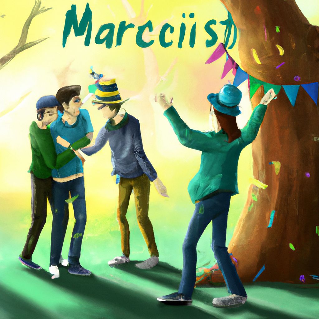 Digital art, Friends celebrating in an outdoors event suddenly realize it's already March, leading to a peculiar pronounciation contest and a surprising twist in their friendship that creates tension and unexpected consequences.