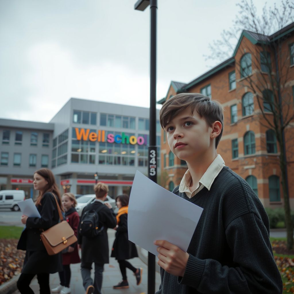 Surreal dream scene, cinematic and atmospheric, digital art: A nostalgic scene of a young student rediscovering their secondary school eleven years later, holding a Foolscap paper with classmates who seem unaware of the time passed, set against a familiar school building, a nearby bus interchange, and a newly constructed mall in the background, capturing a mix of surprise, reminiscence, and youthful energy.