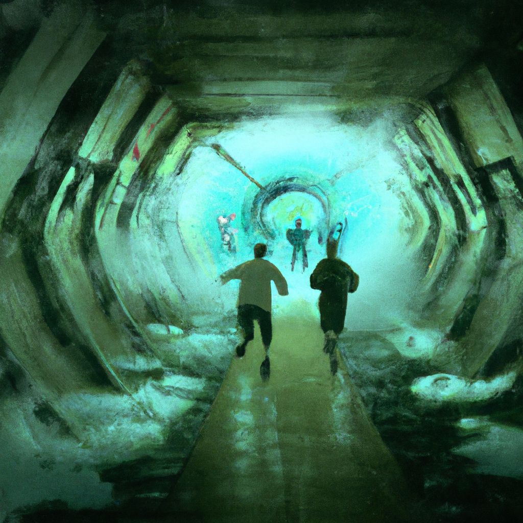 Digital art, Generate an image of a person running through intricate underground tunnels with a friend who is covered in toxic sludge in a zombie apocalypse cityscape.