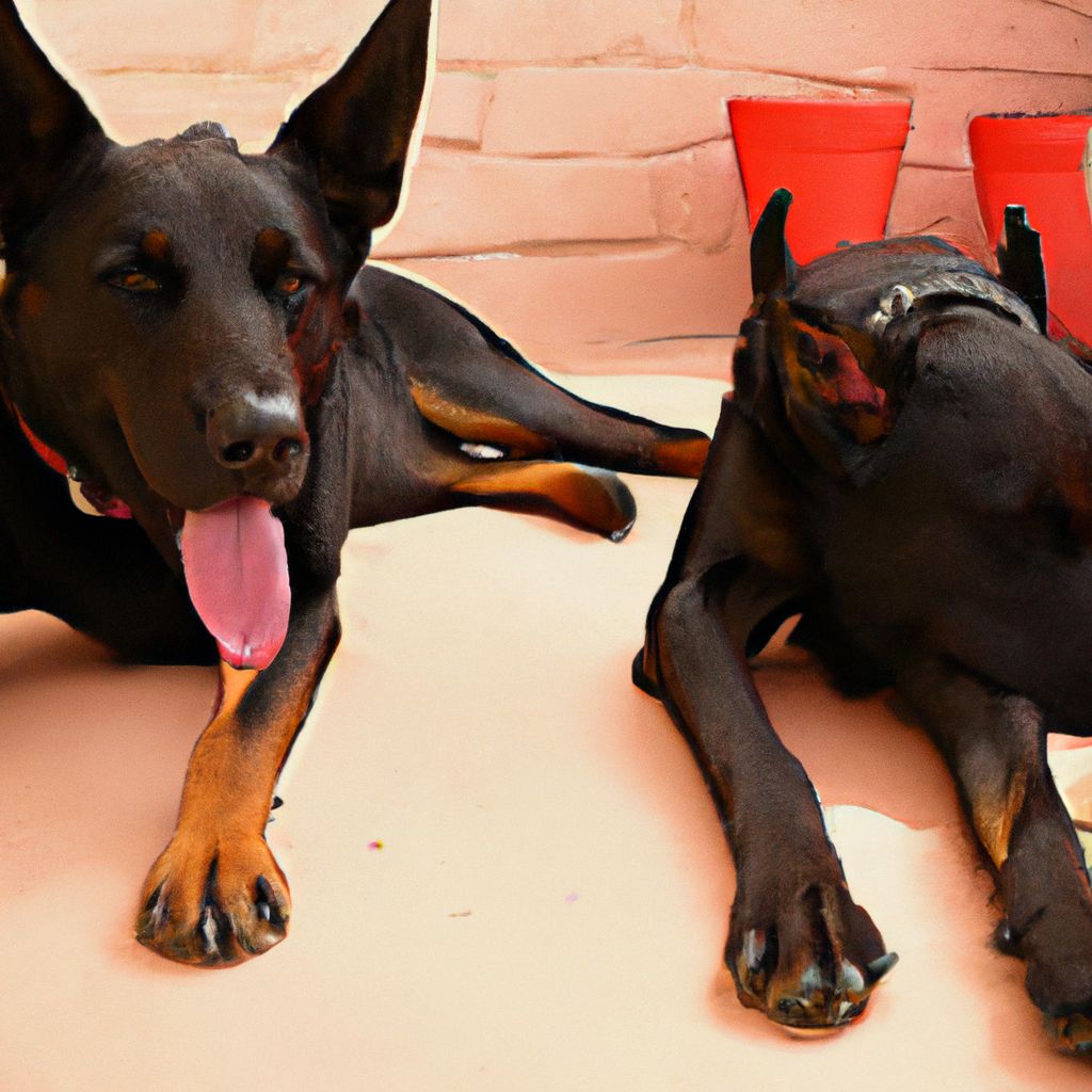 Digital art, Alex and Laurie, two dogs, are shown trapped outside in a hot and sunny day, desperately in need of food and water after being left outside alone for several hours.